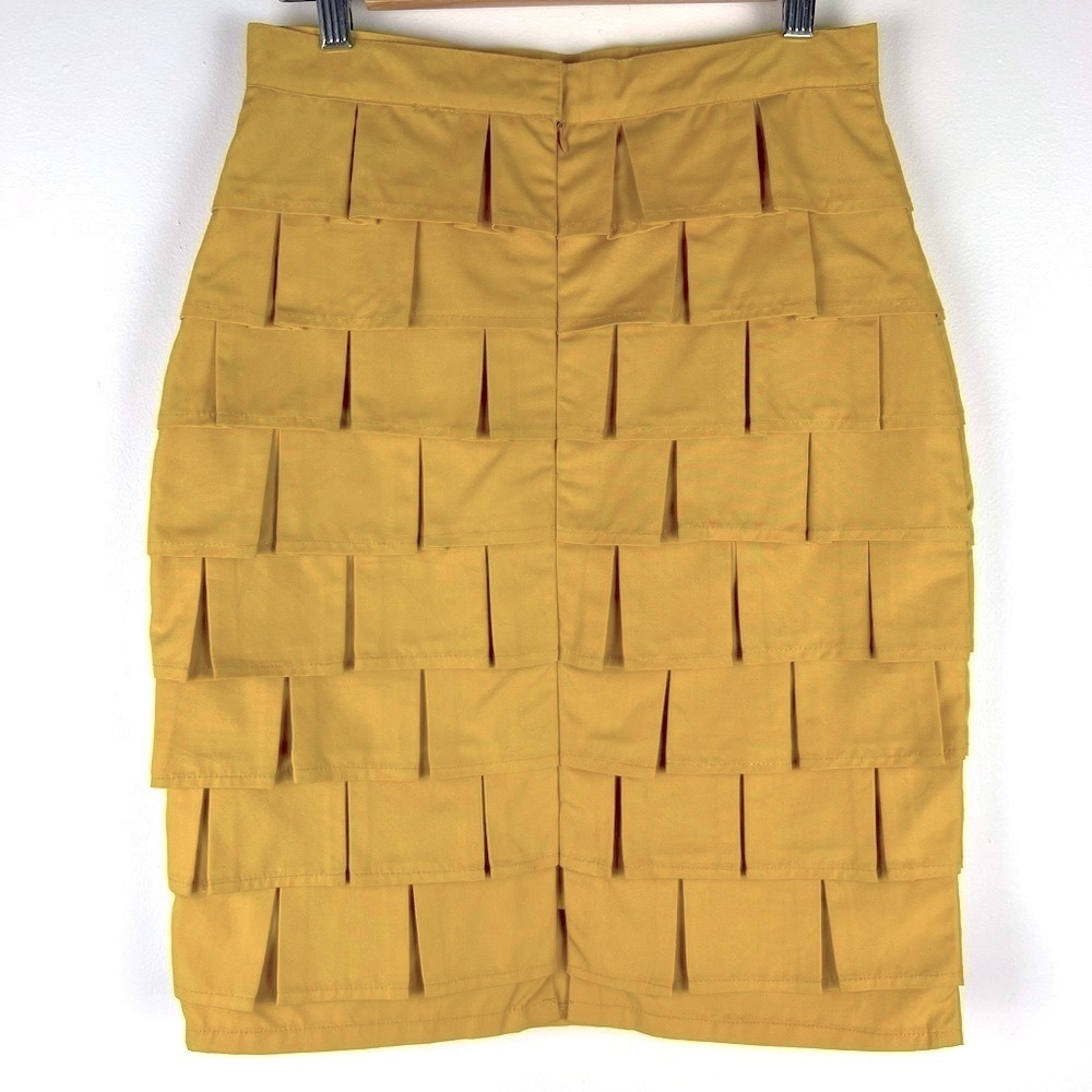 GREY | Office Siren Tiered Mini Square Pleats Pencil Skirt Mustard Gold | S - Picture 4 of 7
